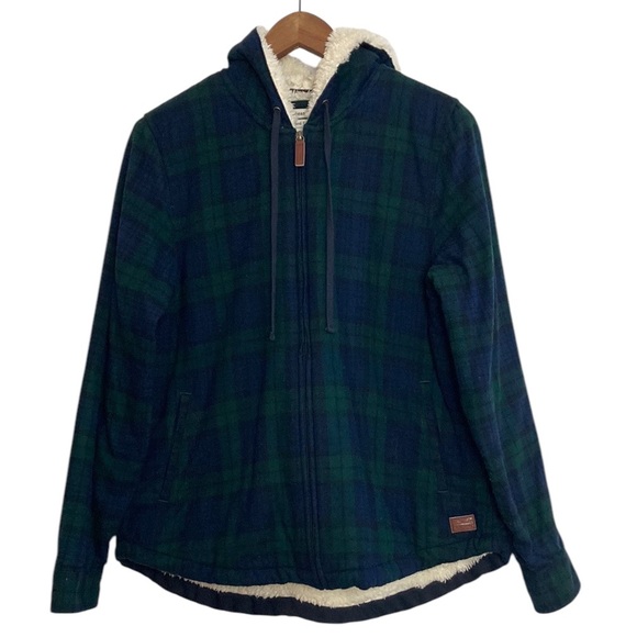LL Bean Hoodie Womens Small Blue Scotch Plaid Flannel Sherpa Fleece Zip Shacket - Picture 1 of 16